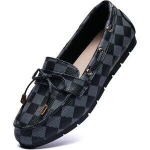 Women’s Gray Grid Polyurethane Comfortable Casual Slip On Loafer Flat Shoes